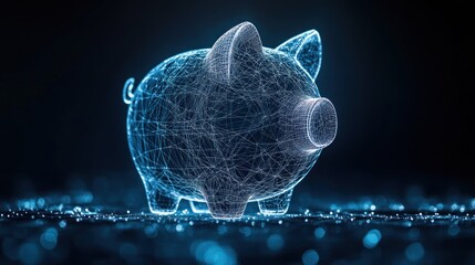 Poster - digital piggy bank, glowing wireframe, dark background.