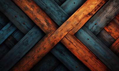 Poster - Textured wooden background with blue and orange diagonal patterns and cross design