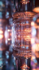 Poster - abstract glowing glass cylinders with internal structures and reflections.