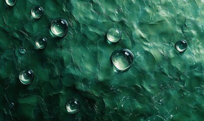 Poster - Green textured surface with water droplets creating a serene and calming atmosphere