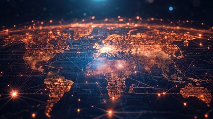 Poster - Global network connection, digital world map with glowing nodes and lines.