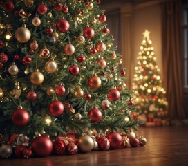 Wall Mural - Ornate Christmas tree, vibrant baubles, soft focus lights ,  glow background,  festive,  illumination