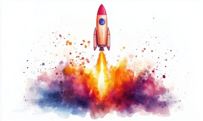 Poster - rocket launching with colorful watercolor explosion background