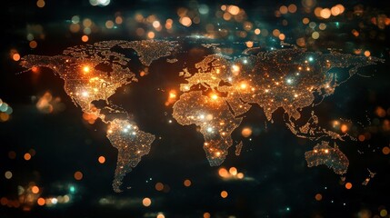 Poster - Glowing world map with bokeh lights, representing global network connections.