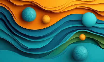 Poster - colorful abstract design with layered waves and geometric spheres in vibrant hues