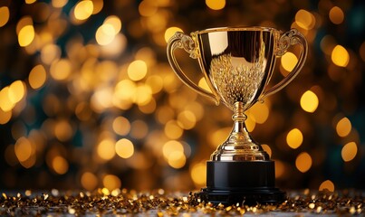 Poster - shiny golden trophy on blurred golden bokeh background celebrating achievement and success