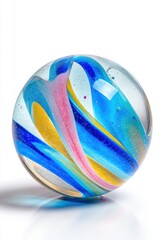 Poster - Glass Marble Close Up on White Background with Blue Pink and Yellow Swirls Studio Shot Abstract
