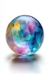 Poster - Abstract colorful glass orb object still life on white background studio shot with soft shadows and light