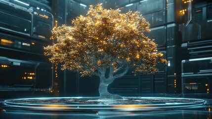 Poster - Glowing golden tree in futuristic digital environment.