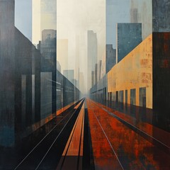 Poster - abstract city streetscape with converging lines and hazy atmosphere, conveying a sense of depth and 