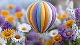 Colorful Hot Air Balloon Soaring Over Vibrant Spring Flower Meadow