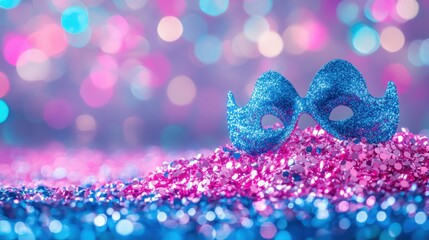 Poster - Blue glitter carnival mask resting on pink and blue confetti close up shot with bokeh background for party theme