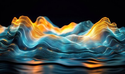 Poster - abstract 3d waves with blue and orange light effects in dark background