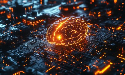 Poster - Artificial intelligence brain on circuit board with glowing connections and futuristic cityscape