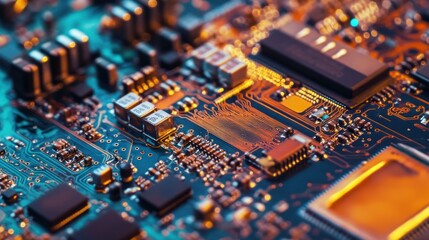 Fototapete - Close-up of intricate circuit board with components and pathways.