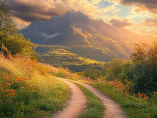 Wall Mural - Scenic mountain landscape with dirt road and wildflowers at sunset; eye-level view of nature's beauty in golden light