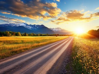 Wall Mural - Scenic country road leads to snow capped mountains at sunset in rural landscape with golden light and wildflowers