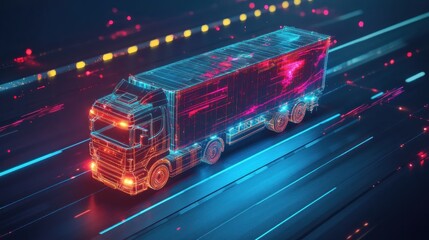 Poster - futuristic semi-truck speeding on a digital highway, glowing with vibrant neon light trails.