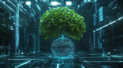 Poster - Lush green tree growing from a glowing digital globe, symbolizing technology and nature's synergy.