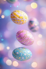 Poster - Easter Eggs Floating in Air with Bokeh Lights, Festive Spring Holiday Celebration, Eye-Level Close-Up Studio Shot