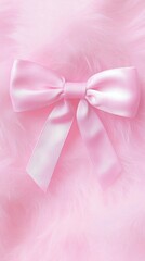 Poster - Soft Pink Satin Bow on Fluffy Background Close Up Studio Shot Pastel Aesthetic Romantic Feminine Girly