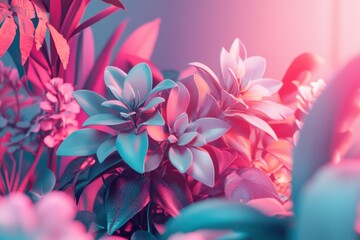 Poster - Neon Flowers Bloom Close Up Abstract Still Life Photography Pink Blue Light Fresh Growth