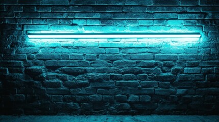 Poster - cyan light illuminates brick wall in urban setting eye level shot for modern design and backgrounds