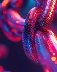 Aufkleber - Macro shot of a metal chain link illuminated with vibrant red and blue light creating a futuristic cyberpunk aesthetic