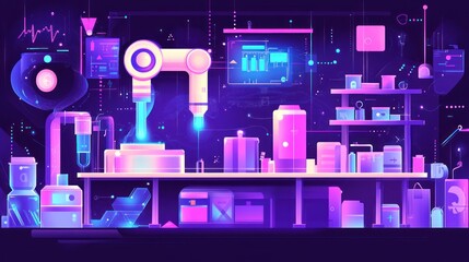 Poster - Futuristic laboratory with robotic arm, automated processes, and glowing equipment.