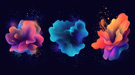 Poster - Three vibrant, abstract floral designs in gradient colors on a dark background.