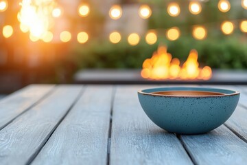 Aufkleber - Empty bowl sitting on wooden patio table with fire pit and string lights creating a cozy ambiance
