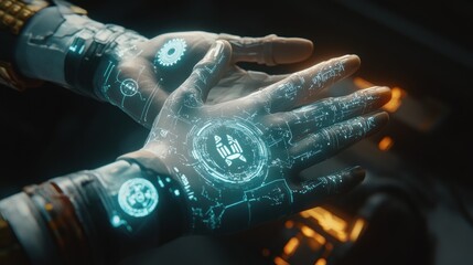 Poster - Futuristic hands with glowing digital interface and intricate circuitry.