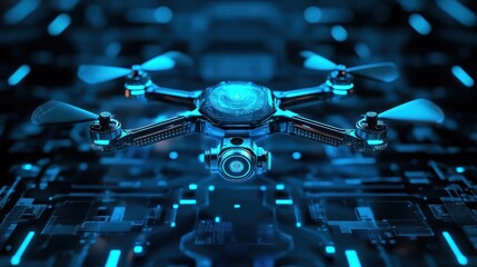 Poster - Futuristic drone hovering above a circuit board, illuminated in blue light.