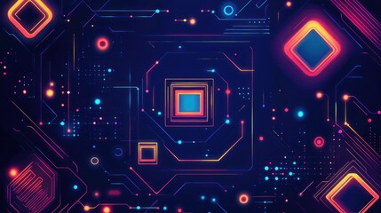 Fototapete - Abstract digital circuitry with glowing neon lines and shapes.