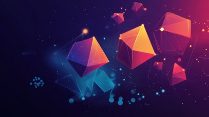 Poster - abstract low-poly geometric shapes floating in dark space with glowing lines and particles.