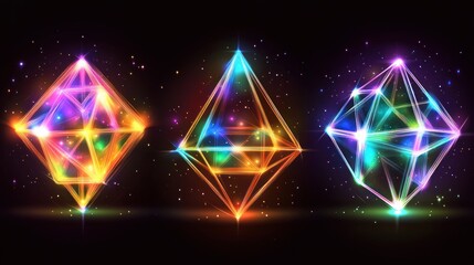 Poster - three vibrant, glowing geometric crystals on dark background.