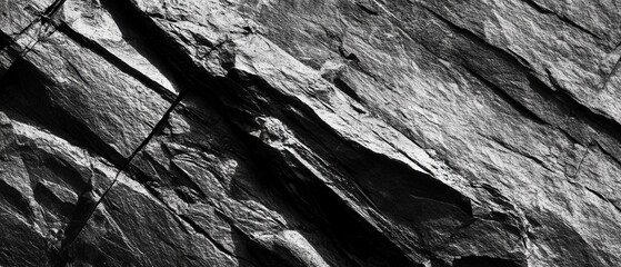 Poster - Striated Rock Face in Black and White Abstract Close Up Texture of Stone Mountain Geology