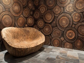 Poster - Wooden chair against circular wood paneling indoor shot unique design nature inspired furniture artistic background