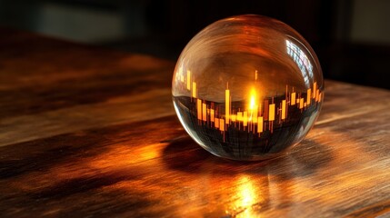 Poster - Crystal ball showing illuminated candlestick chart on wooden table.