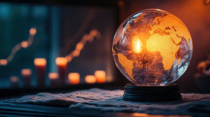 Poster - Illuminated glass globe on desk with blurred chart and candles.