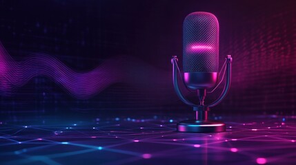 Poster - retro microphone with vibrant neon light trails and digital wave, representing podcasting, broadcast