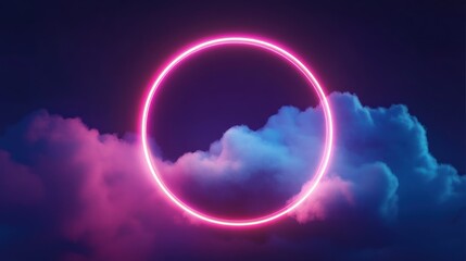 Poster - glowing pink neon circle ring in dark night sky above clouds.