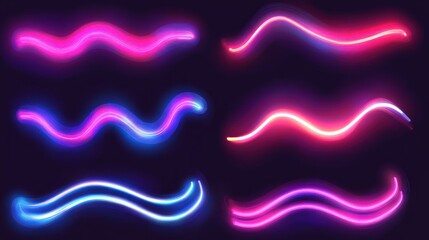 Poster - eight vibrant neon light streaks, wavy, pink, blue, and purple, on dark background.