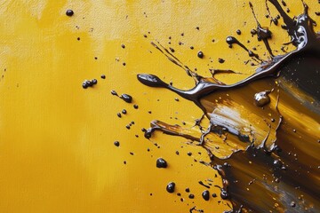 Fototapete - Abstract painting with dark brown splashes on a mustard yellow background
