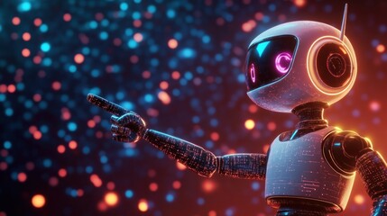 Poster - futuristic robot pointing, digital background.