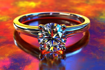 Poster - Solitaire Diamond Ring Close Up on Colorful Reflective Surface Jewelry Still Life Romance Love Gift