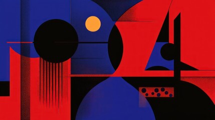 Poster - abstract geometric art with red, blue, and black shapes, circles, and lines.