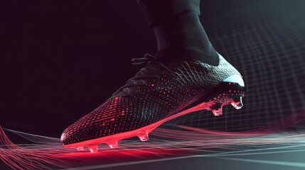 Poster - close-up of a soccer player's technologically advanced cleat with red light trails.