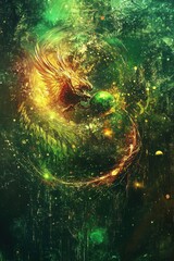 Poster - Golden phoenix holding green orb in cosmic emerald forest digital art fantasy illustration