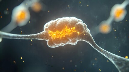 Poster - microscopic view of synapse transmission with glowing neurotransmitters.